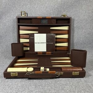 VTG Reiss Backgammon Travel Game Set Brown Faux Leather Classic Case 15" x 10"